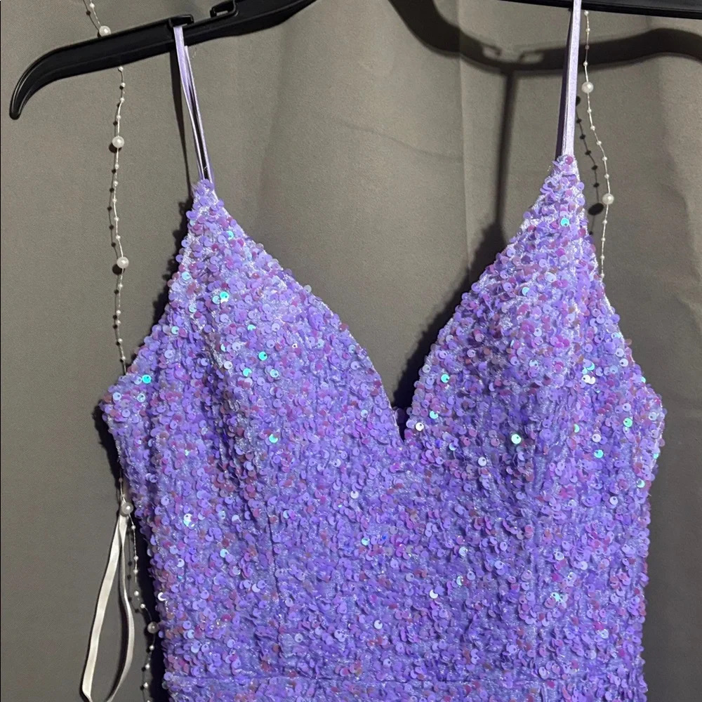 B.Smart Purple Sequin Spaghetti Strap Maxi Dress With V-Neck & Side Slit - Picture 4 of 9